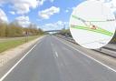 Road - A Street View image of the A120 and an inset image of the area affected by the crash
