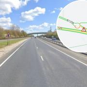 Road - A Street View image of the A120 and an inset image of the area affected by the crash