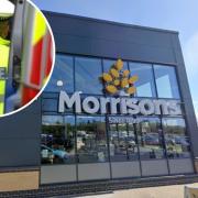 Site - a Street View image of Morrisons Witham and an inset image of an Essex Police officer