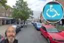 Location - a street view image of Bank Street, concerned resident Christopher Willcock,  and an inset image of  a disabled parking graphic