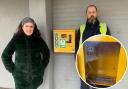 Not good - Louise Spikings and Steve Marshall of Templars Community Association next to an inset image of the smashed defibrillator case