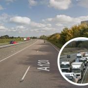 The A120 is blocked just before the B1256 (pic: Google Maps)