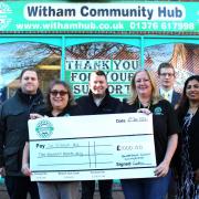 Donation -  Back row, from left: Braintree Councillors Jon Hayes, Toby Williams and Ethan Williams. Front Row: Tina Townsend and Karen Bailey, Trustees of The Witham Hub with Cllr Sindhu Rajeev