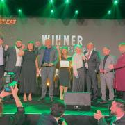 Winners - The Hasturk team from left to right: Kenan Arslan, Nufel Gürler, Gulay Yasasin, Hasan Yasasin, Emine Sengul, Carmen Chami,  and Charbel Chami at the British Kebab Awards