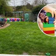 Positive - Little Hands Pre-School Nursery's garden and an inset image of a child playing