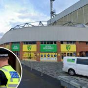 Location - Carrow Road Stadium in Norwich and an inset image of a police officer