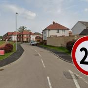 Area - A Street View image from Rayne Road which allows you to access Marriott Way, Artis Close, and Goodale, and an illustrative graphic of a 20mph speeding limit sign