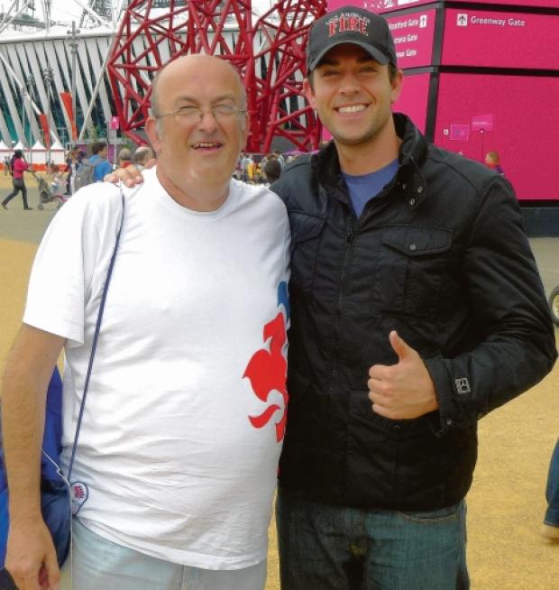 Conrad Readman (left) at the Olympic Park with Zachary Levi, from US TV series Chuck