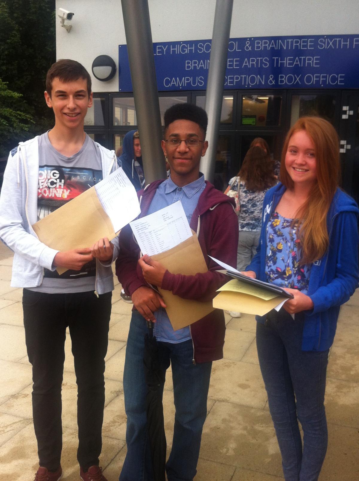 Notley High School pupils Jack Wade, Omar Ally and Abi Gilfillan celebrating their GCSE results