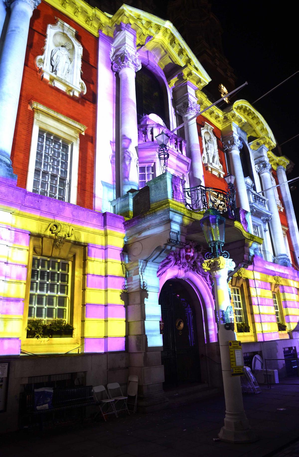 The Halloween light show at Colchester Town Hall