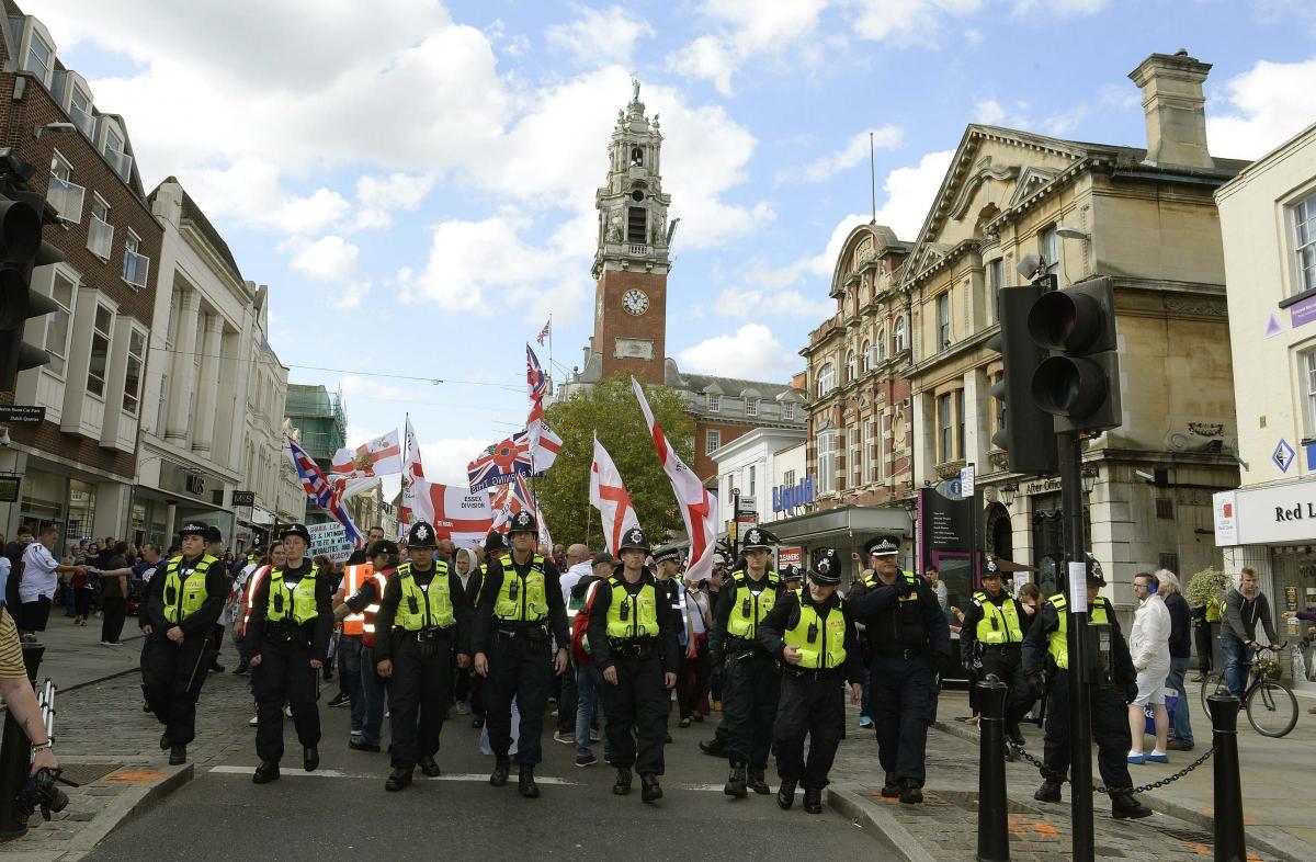 Members of the English Defence League marched in Colchester to mark the anniversary of the death of Lee Rigby. They clashed with anti-fascist protesters