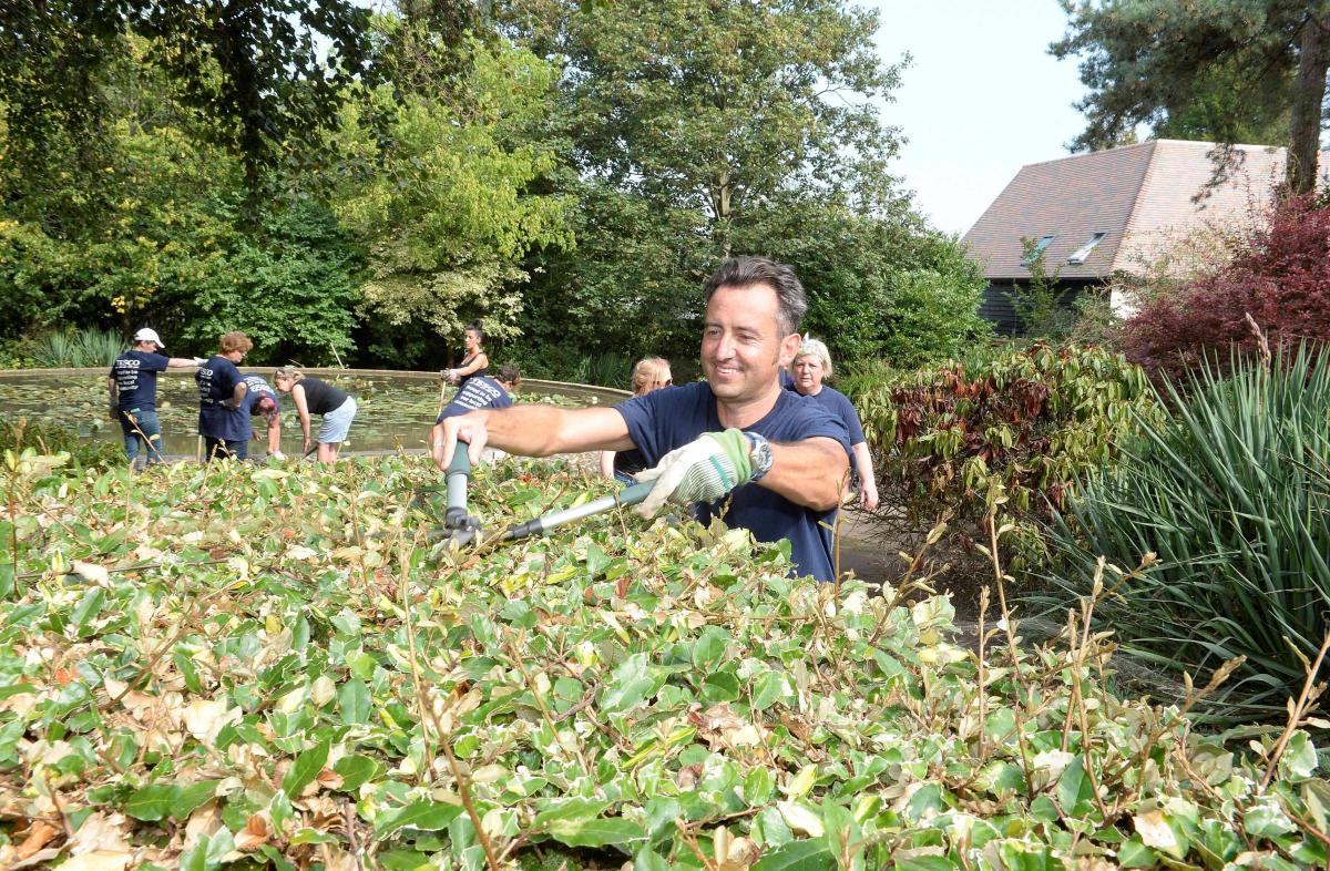CUT: Volunteer Gareth Lee trims back a hedge in the garden