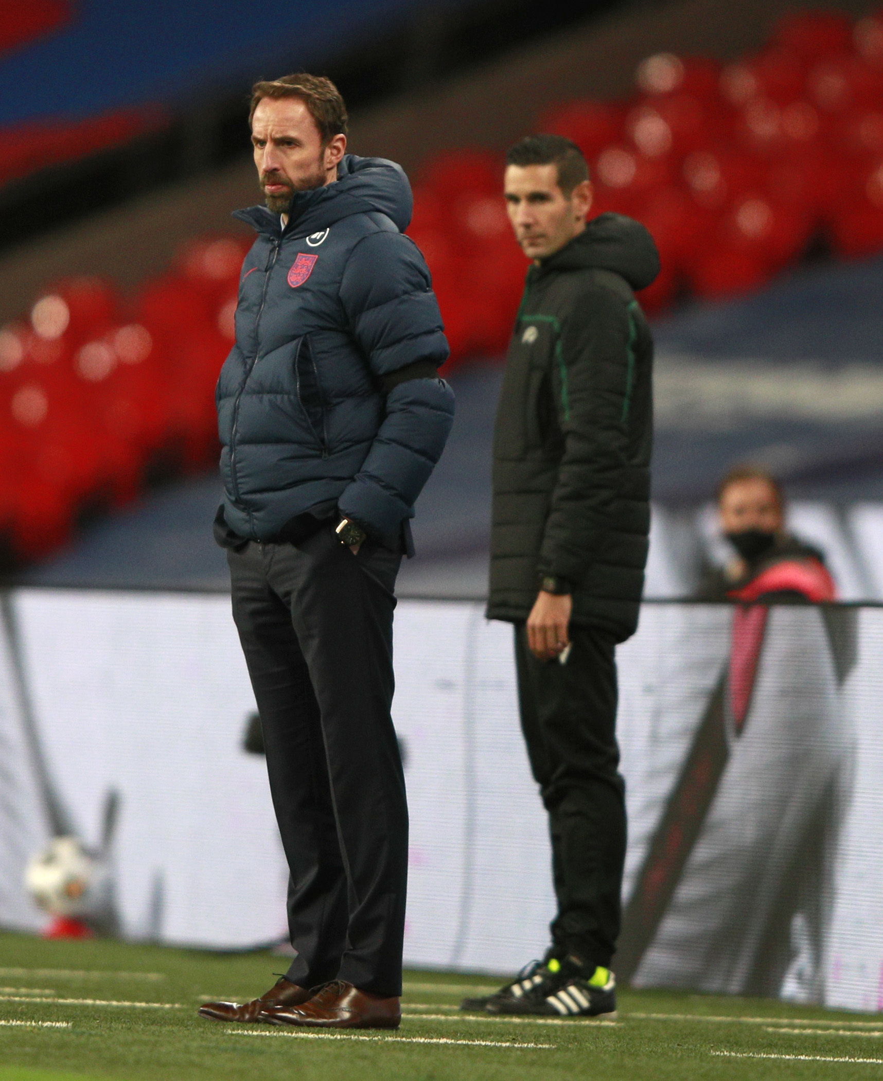 England manager Gareth Southgate (left) on the touchline during the UEFA Nations League Group A2 match at Wembley Stadium, London. PA Photo. Picture date: Wednesday November 18, 2020. See PA story SOCCER England. Photo credit should read: Ian Walton/PA Wi