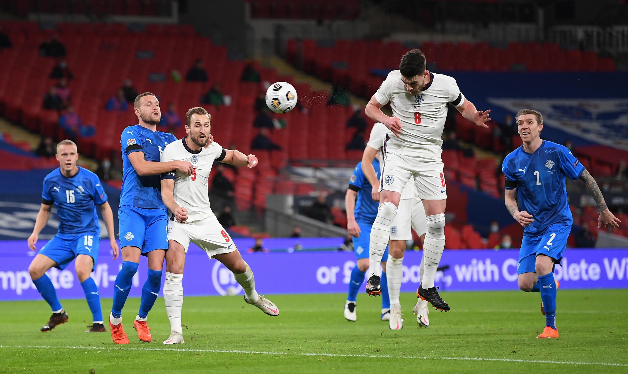 Englands Declan Rice scores his sides first goal of the game during the UEFA Nations League match at Wembley Stadium, London..