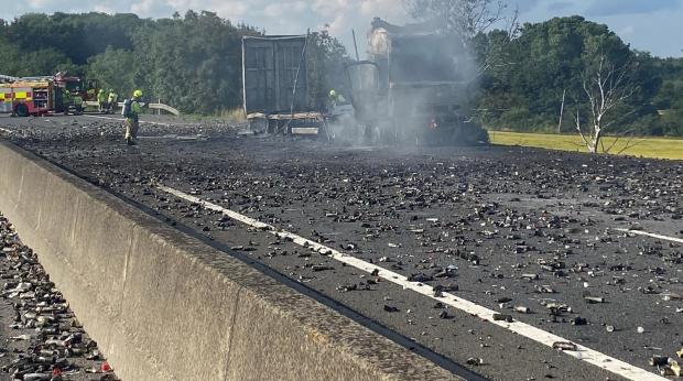 Braintree and Witham Times: Pictures show destruction after firefighters tackle huge lorry fire on motorway. Pictures: Essex Fire Service