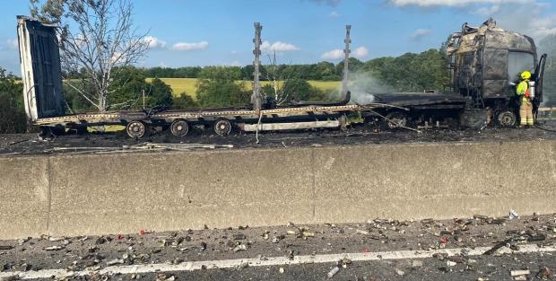 Braintree and Witham Times: Pictures show destruction after firefighters tackle huge lorry fire on motorway. Pictures: Essex Fire Service