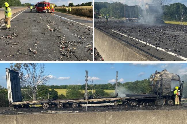 Pictures show destruction after firefighters tackle huge lorry fire on motorway. Pictures: Essex Fire Service