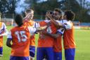 On target: Reggie Lambe celebrates his goal against Havant and Waterlooville with his Braintree Town team-mates.