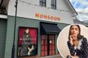 Now open - Monsoon's entrance at Braintree Village next to a model wearing a dress from the brand (Image: Canva, Braintree Village)