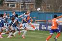 Heads up: Ben Tompkins nods home for Braintree Town in their 3-0 win over Dover Athletic.