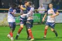 Late show: Ryan Dear celebrates with his Witham Town team-mates after scoring their late equaliser against Ipswich Wanderers.