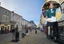 Town Centre - Braintree's High Street and an inset image of a Braintree Area Foodbank volunteer