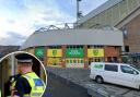 Location - Carrow Road Stadium in Norwich and an inset image of a police officer