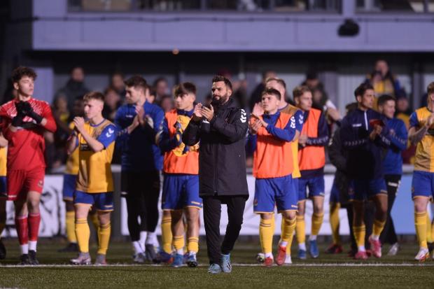 New role - Angelo Harrop at the final whistle following AFC Sudbury's FA Cup game against Colchester United, this season Picture: RICHARD BLAXALL