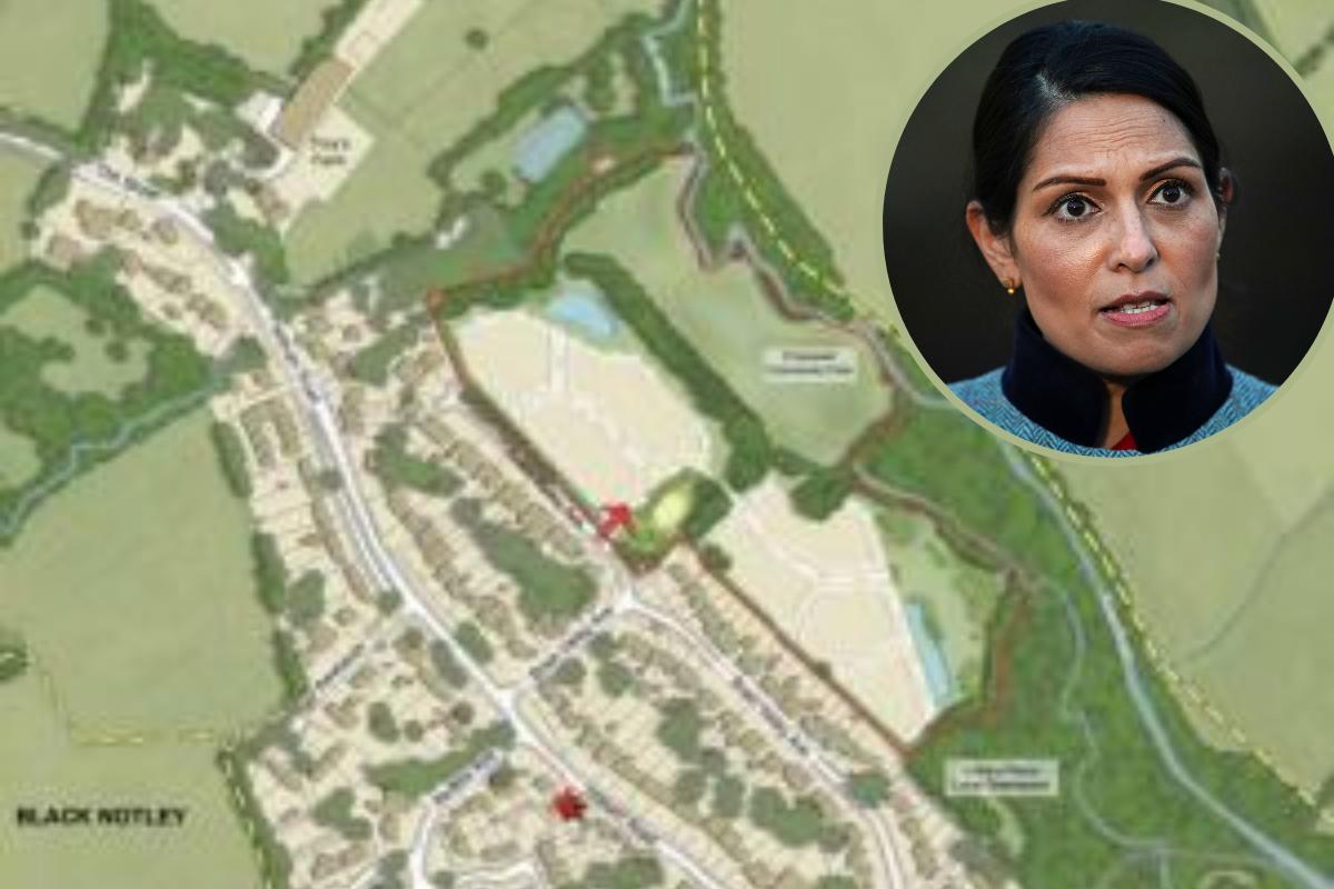 Appeal rejected - The revised site plan framework for 90 homes in Black Notley, (inset) Priti Patel MP
