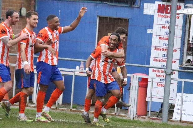 Happy days: Braintree Town's players celebrate Gio Crichlow's goal against Chippenham Town. Picture: JON WEAVER