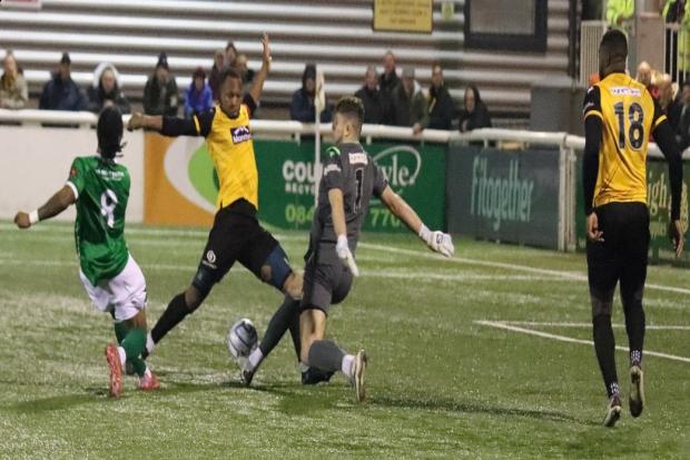 Close: Braintree Town's Gio Crichlow sees his shot saved in the second half of his side's 1-0 defeat at Maidstone United. Picture: JON WEAVER