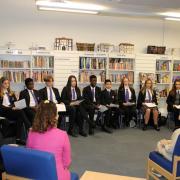Priti Patel with students at Maltings Academy