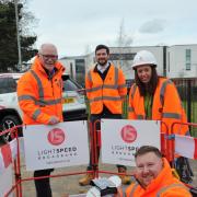 STARTING THE BUILD: Dave Axam, Sean Mulligan and Dave Carter (front) from Lightspeed Broadband with Louise Flavell from Braintree Council