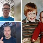 Steve (top left) and brother Tom (bottom left), are going to be running in memory of little brother Stuart (pictured with Steve as children right)