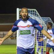 Derby delight: Luke Ige celebrates after scoring for Witham Town against Heybridge Swifts.