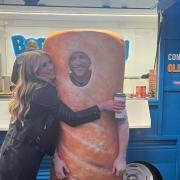 Suprise - Olly Murs in his sausage roll outfit with wife Amelia Tank