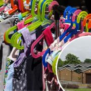 Market - An illustrative image of children's clothes up for sale and an inset image of Glebe Community Hall