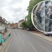 Damage - A Google Maps image of Bradford Street in braintree, an e-scooter, and an inset image of a cracked windowpane