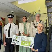 Campaign ready - Left to right: Councillor Ron Ramage, Chief Inspector Martin Richards,  MP Priti Patel,  Witham Mayor Councillor Susan Ager, WIW's Kate Carling,  and WIW's Chris Dale