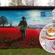 Vandalised - the mural at River Walk and an inset image of spray paint cans